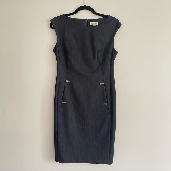 Calvin Klein Dresses & Skirts - Calvin Klein Women's Navy Blue Chambray Stretch Sheath Dress
With Pockets Sz 4